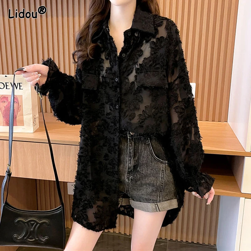 2023 New Spring and Autumn Fashionable Polo Neck Lace Jacquard Micro Transparent Long Sleeve Loose Oversized Women's Long Shirt