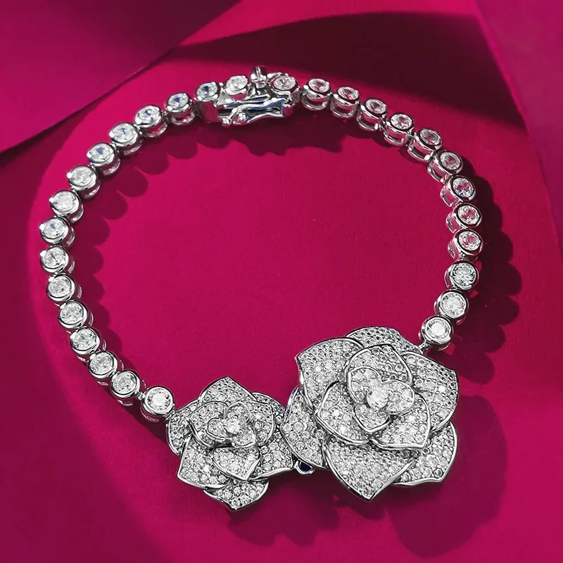 

Charm Flower Lab Diamond Bracelet 925 Sterling Silver Engagement Wedding Bangles Bracelets for Women Bridal Promise Jewelry