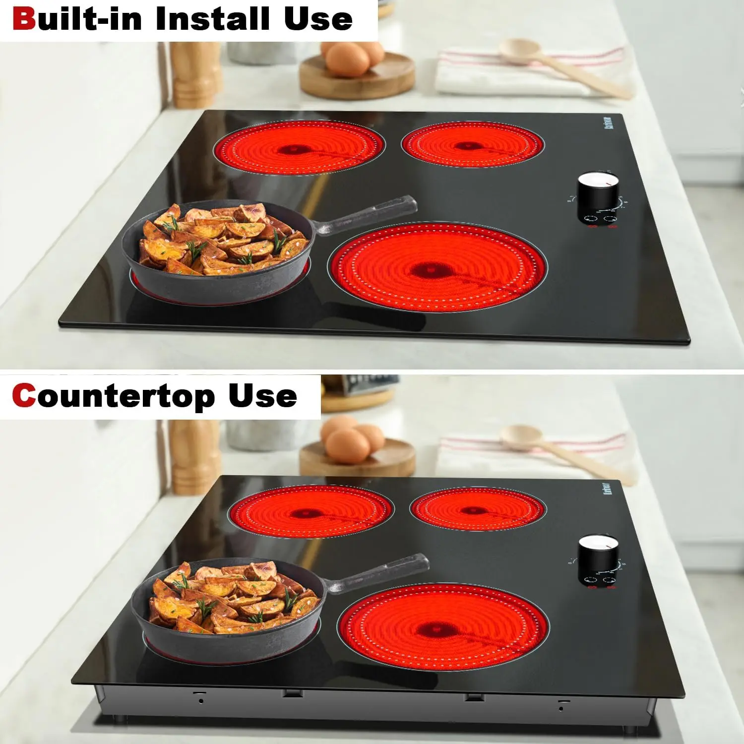 Karinear 24 Inch Electric Cooktop 4 Burners Ceramic Stove Top, 220-240v Built-in 60cm, Knob Control, 9 Power Levels, No Plug