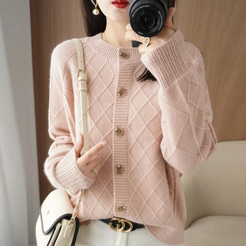 신제품 긴팔 니트 가디건 재킷, 한국 버전, 넉넉한 캐주얼 다이아몬드 격자 무늬 케이블, 외부