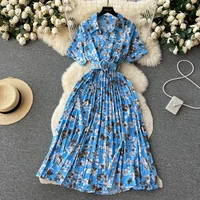 2026 Summer Women Floral Pleated Dress Vintage Turn-Down Collar Short Sleeve Single Breasted Printed Draped Midi Vestidos New - Image 6