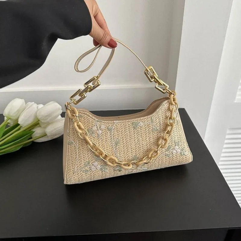 Elegant Shoulder Bags for Women High Quality Embroidery Underarm Handbags Weaven PU  Leather Armpit Purse Bag