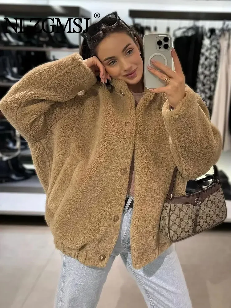 

Nlzgmsj TRAF 2024 Elegant Women Faux Fur Teddy Jacket Winter Warm Thick Stand Long Sleeve Loose Coat Female Top Y2K