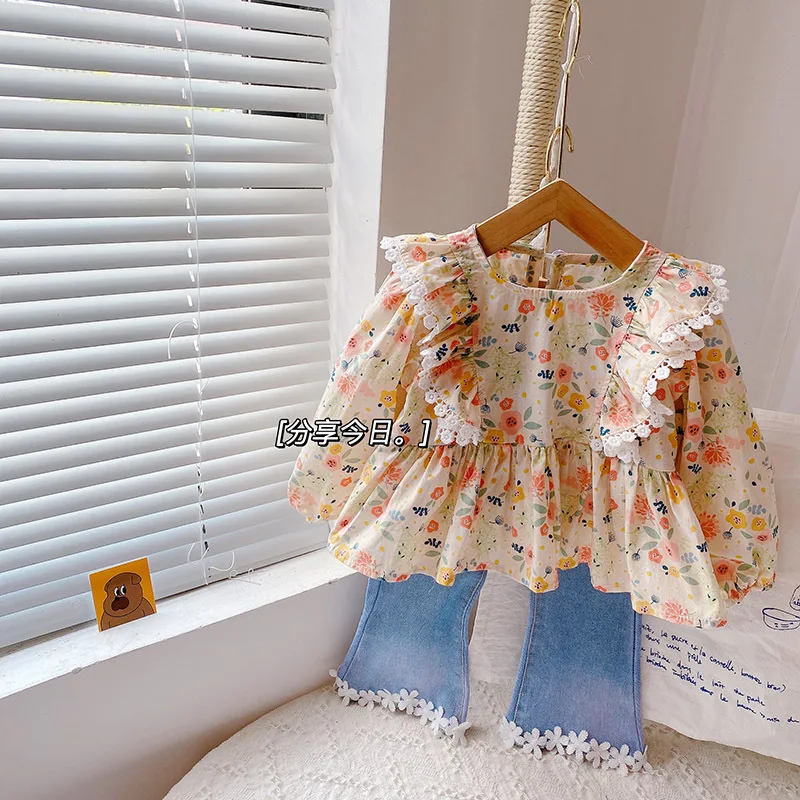 

Ins Korean 2-6 Year Spring Children Girls Shirt Lightweight Flower Print Long Sleeve Casual Baby Girl Shirt Fresh Kid Girl Shirt