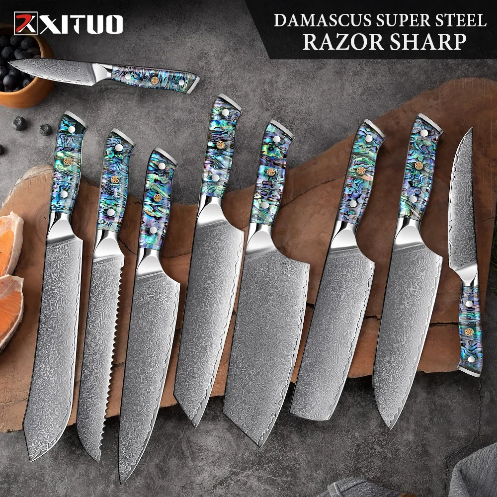 XITUO Damascus Kitchen Knives Set 1-9PCS Sharp Chef Knife Santoku Bread Boning Knife Abalone Shell Handle Kitchen Cooking Tools kitchen knives
