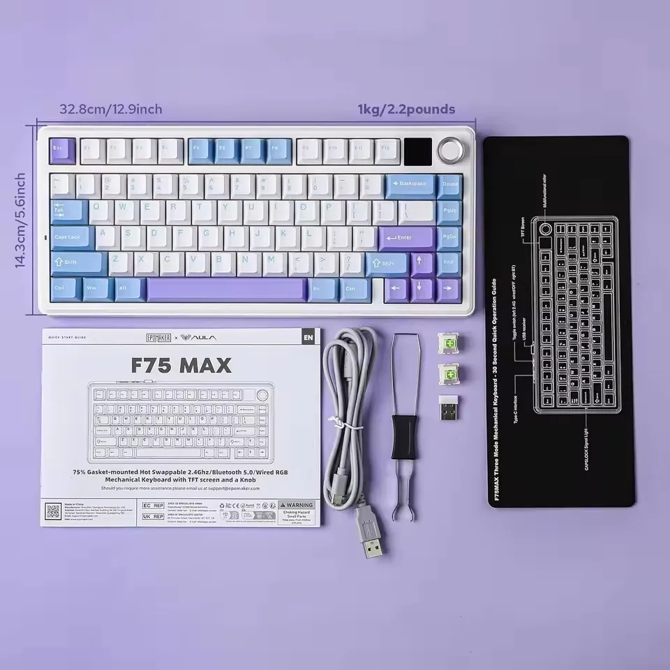 AULA F75 MAX Mechanical Keyboard with TFT Screen Knob Wireless Tri-Model Hot-Swap RGB 75% Layout 81Keys E-sports Gaming Keyboard
