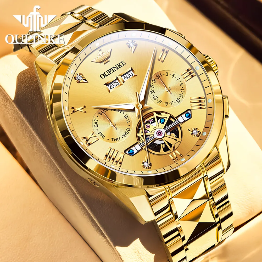 OUPINKE 3240 Automatic Watches For Men 44mm Big Dial 5Bar Waterproof Man Wristwatch Luxury Skeleton Flywheel Mechanical Watches