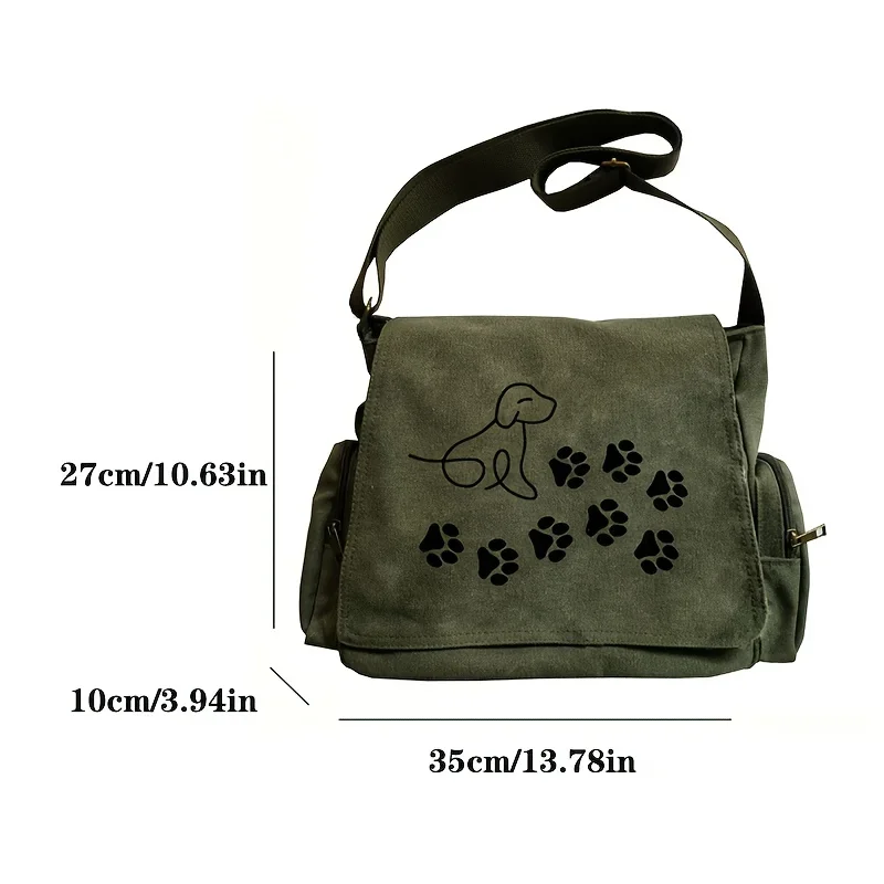 Women's Large Capacity Crossbody Bag with Dog Print Army Green Vintage Tote Shoulder Bag Commuting Book Bag