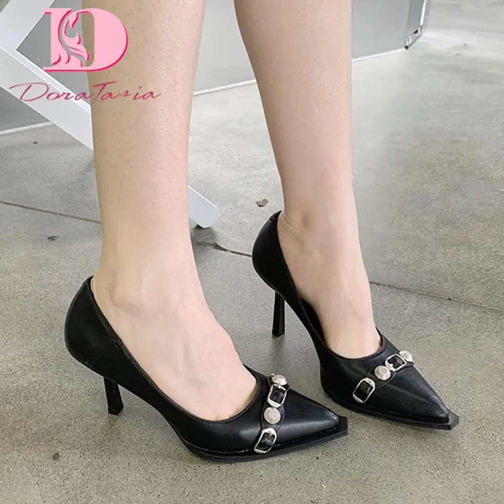 

Luxury Brand Design Ladies Pointed Toe Pumps Fashion Rivet Buckle Thin High Heels women's Pumps Party Office Sexy Woman Shoes
