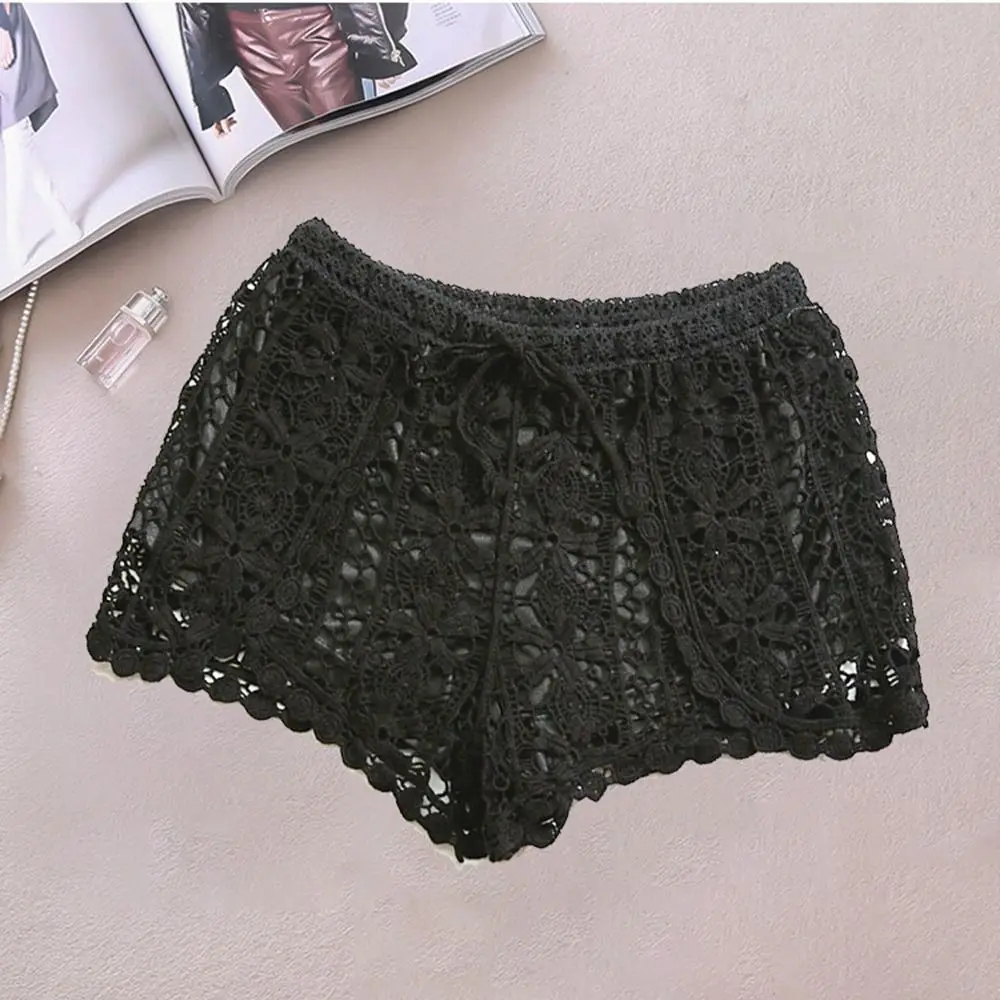 Boho Holiday Crochet Shorts for Women High Waist Hollow Out Lace-up Female Short Ladies Summer All-matching Trousers
