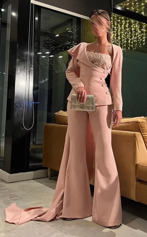 

OIMG Blush Pink Two Pieces Stretch Arabic Women Jumpuit Long Sleeves Pant Formal Party Dress Formal Occasion Custom Made