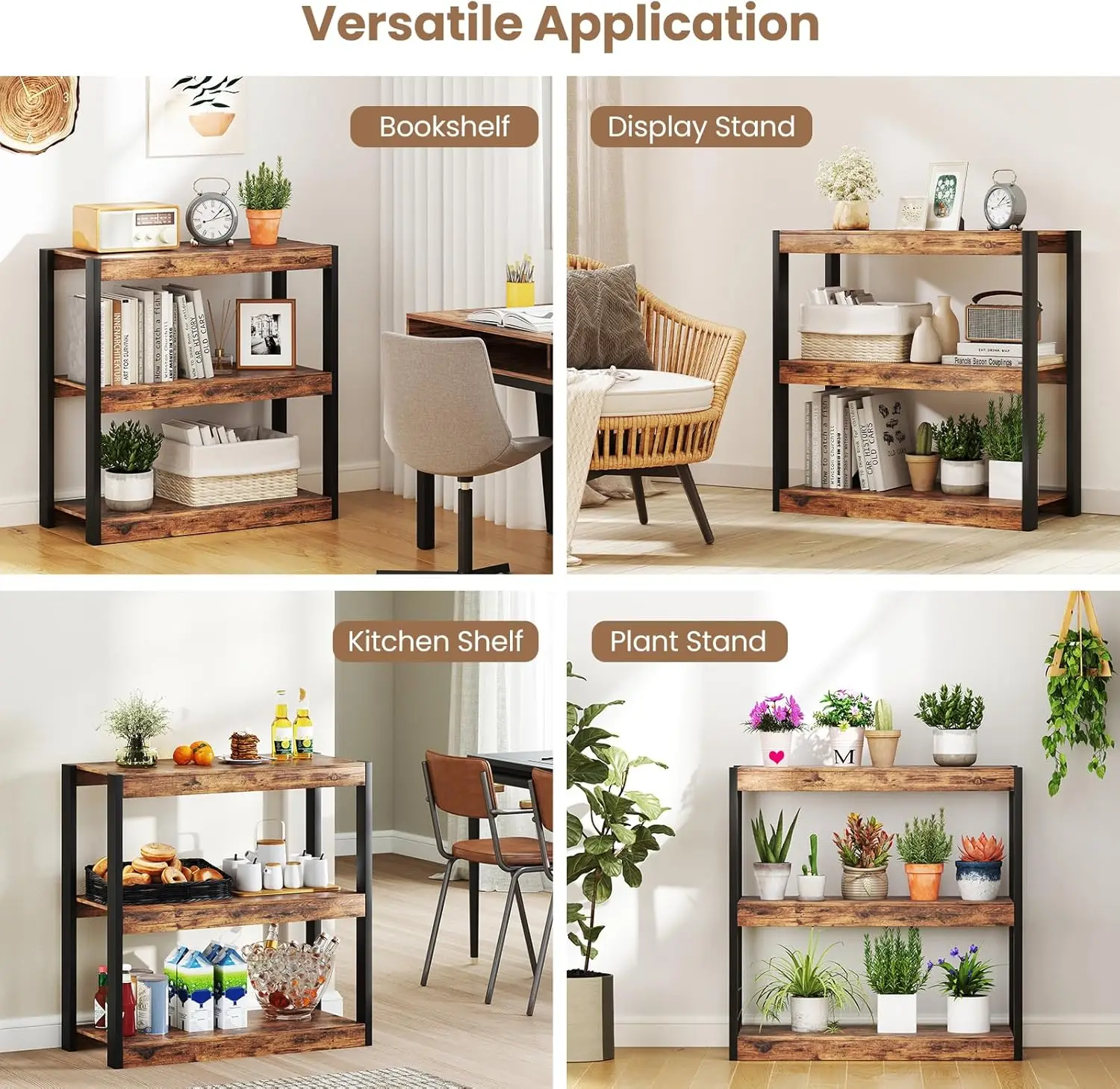 3 Tier Bookshelf, Freestanding Wooden Bookcase with Dual Anti-Tipping Kits, Open Display Rack Shelving Unit, Storage Organizer