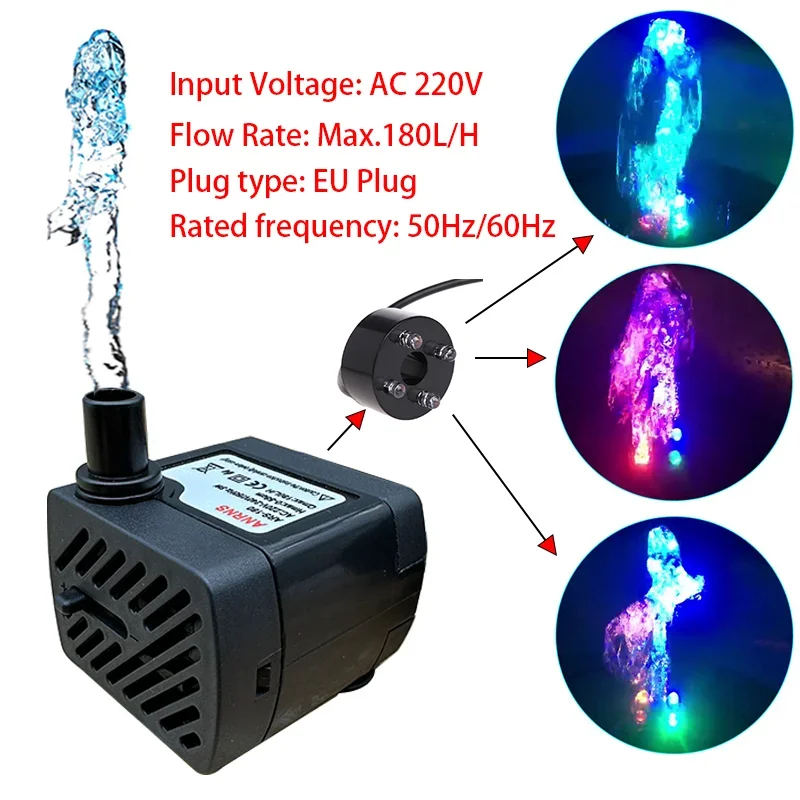 220V 3W Mini Submersible Pump Aquarium Fish tank Pond ornaments Ornamental fountain LED Water pump EU Plug Aquatic Pet set liquid transfer pump submersible booster pump