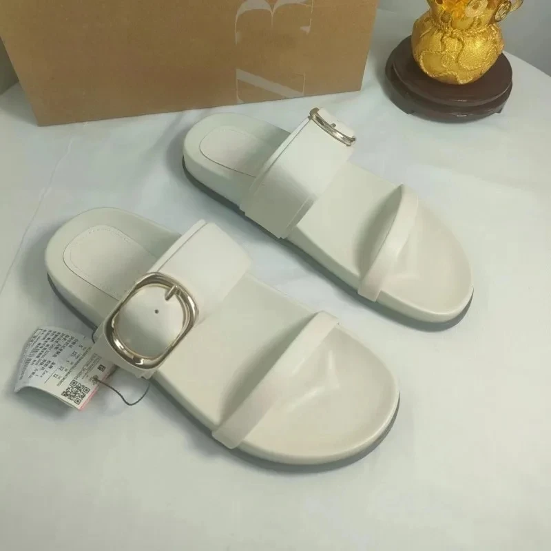 

Сандалии TRAF женские кожаные на плоской подошве, шикарные шлепанцы на ремешках, пляжные повседневные, уличные тапочки, белые, лето 2024