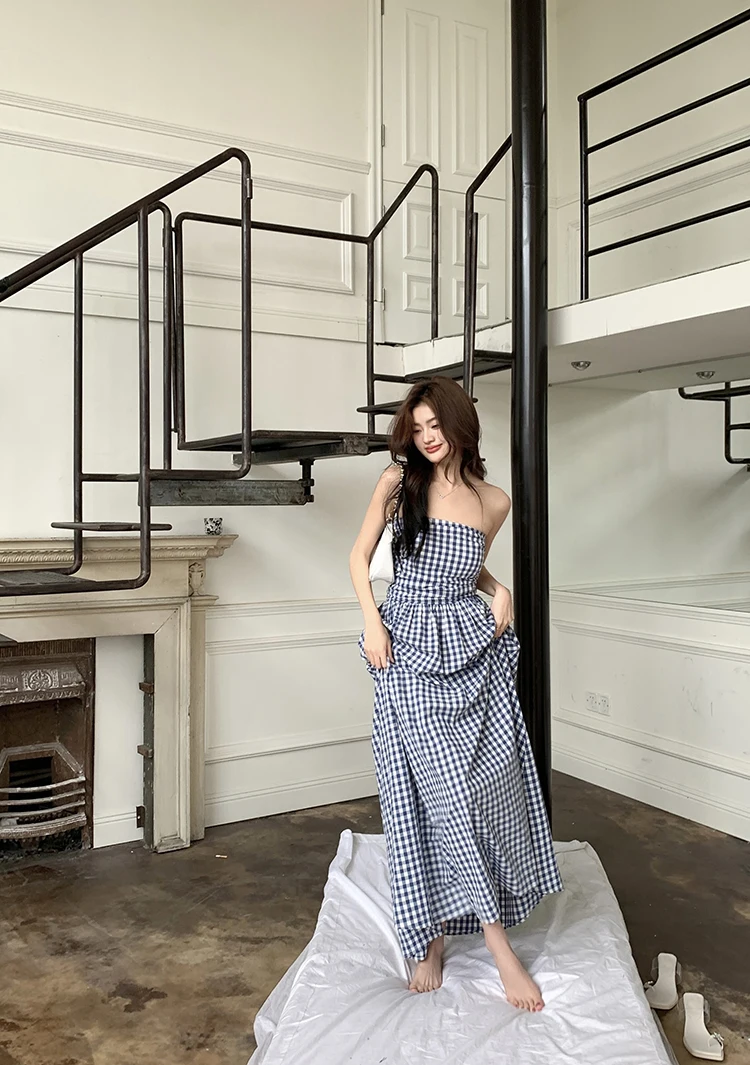 Casual Strapless Midi Dresses for Women Striped Sleeveless A-line Korean Chic Summer New Party Dress Vestidos Mujer