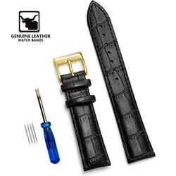 Classic Genuine Leather Watch Band with Soft Cowhide Strap and Adjustable Sizing Plus Tool - 22mm (Black 3)