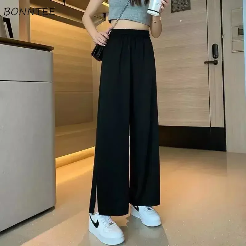 

Ankle-length Pants for Women Loose Solid Side-slit Design Wide Leg Fashion Korean Style Fit Young College All-match New Trendy