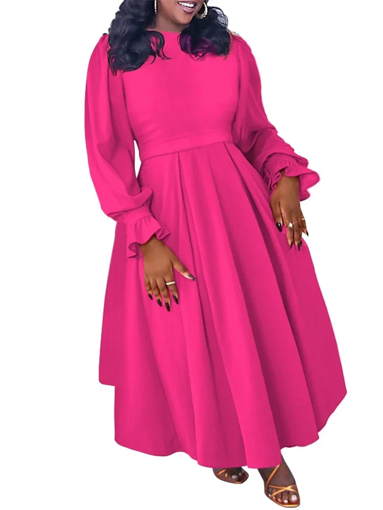 Wmstar Plus Size Dresses Women solid Casual Long Sleeve Vintage Maxi Dress Elegant Streetwear Party Dress Wholesale Dropshipping