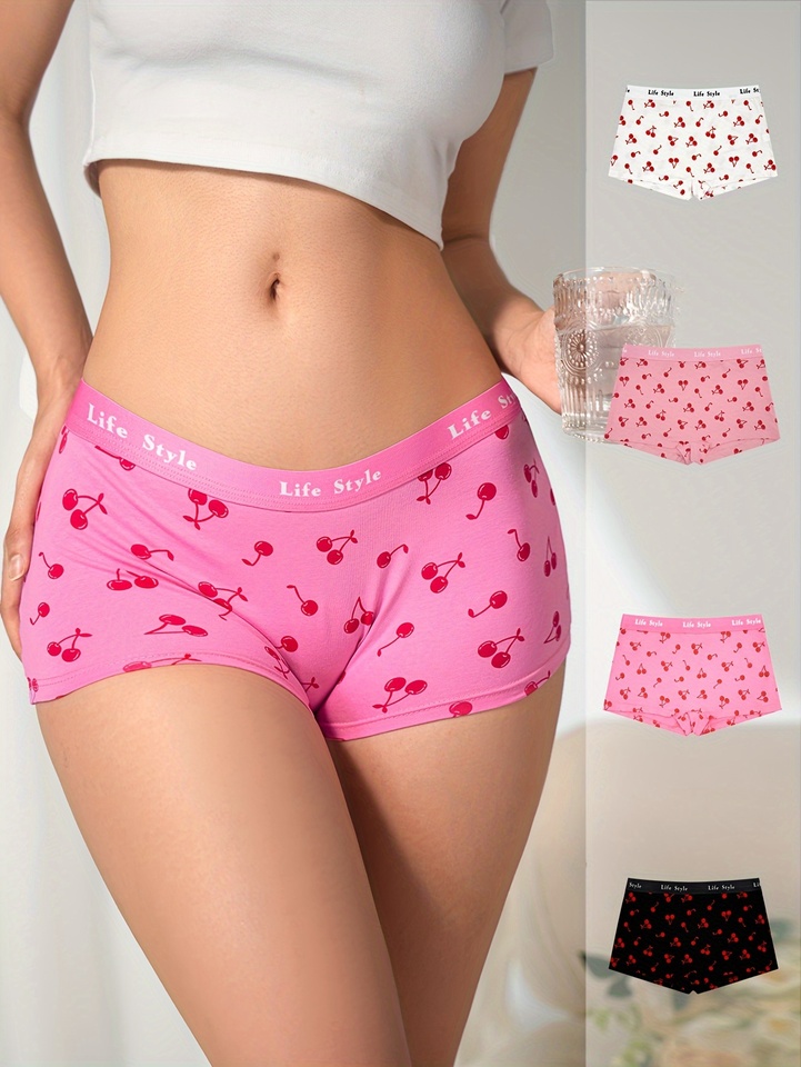 4-piece mixed-color fruit pattern cherry print women's briefs for travel, home and casual cotton comfort underwear