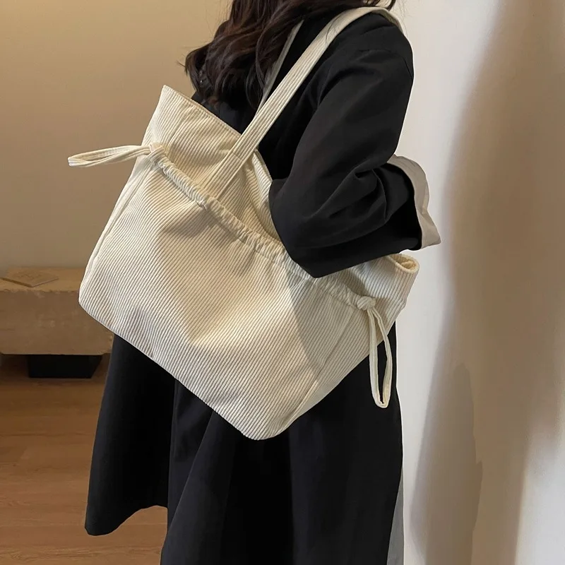 Tote Shoulder Bag Corduroy New Simple Korean Style Drawstring Pocket Personality Purses and Handbags Casual Shopping All-match