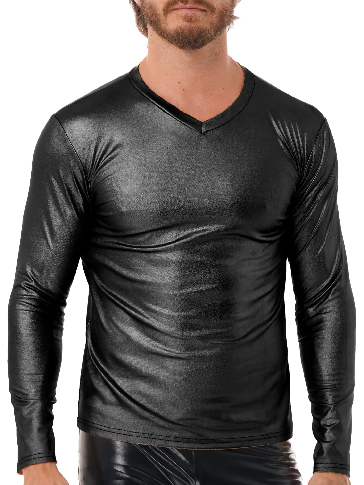 T Shirt En Faux Cuir Métallique Brillant Pour Homme Costume De Danse Boîte De Nuit Clubwear