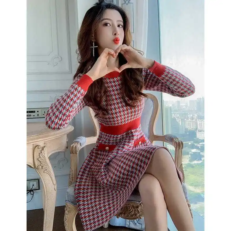 

Midi Dresses for Women Cover Up Knee Length Clothes Bodycon Plaid Knitted Bird Lattice Dress Chic Elegant Pretty Pullover U1445