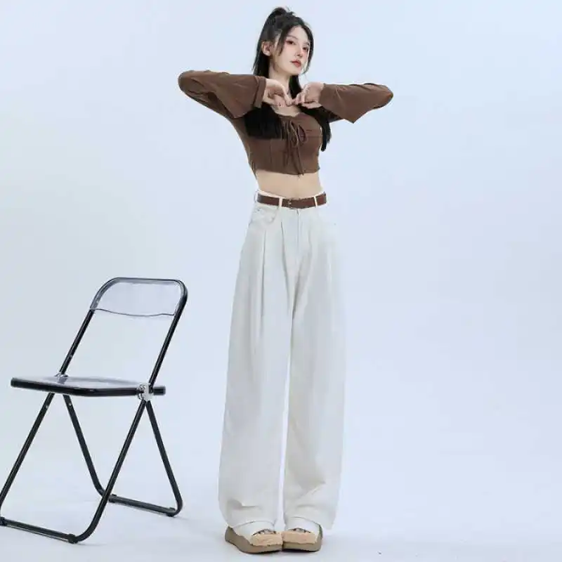 New High quality fabric Loose fitting Sagging sensation Wide leg pants summer High waisted Straight cylinder Jeans female autumn