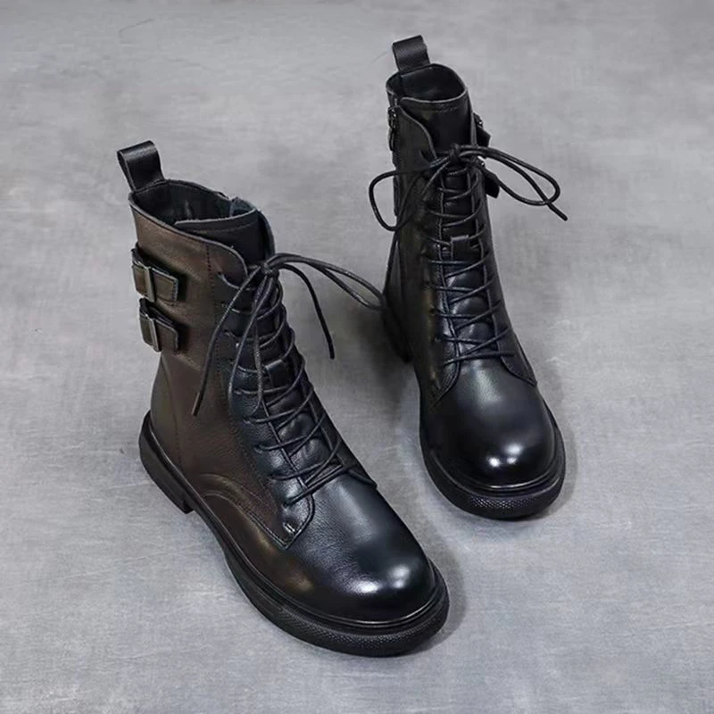 

Autumn Winter Chunky Platform Ankle Boots Women Pu Leather Square Heels Combat Boots Woman Lace Up Short Booties Female A16