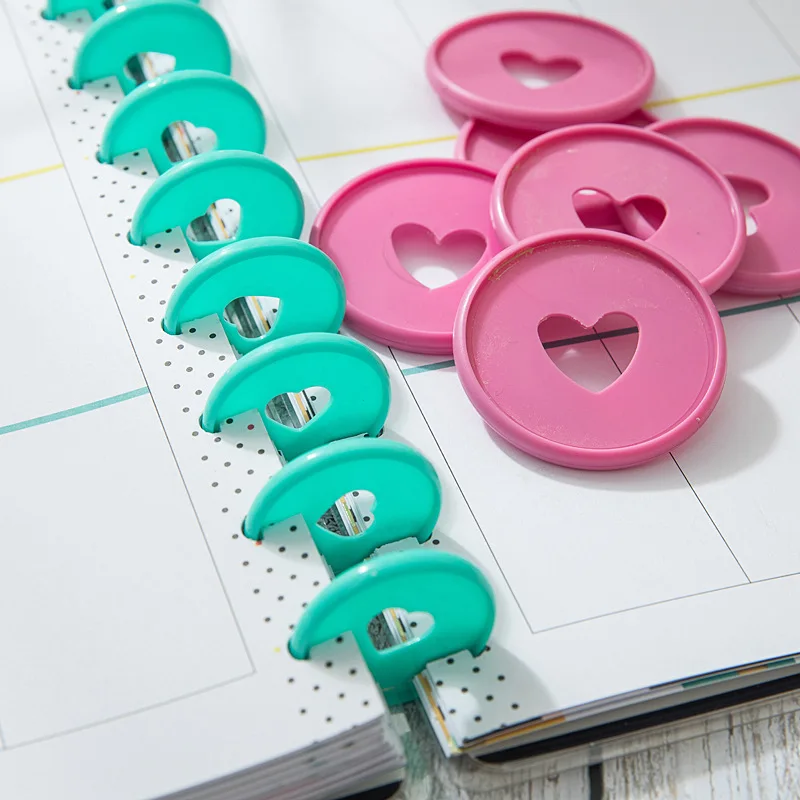 30PCS 35mm Colorful Heart Binder Rings Mushroom Hole Loose Leaf Ring Round Binding Plastic Disc Buckle Hoop DIY Binder Notebook