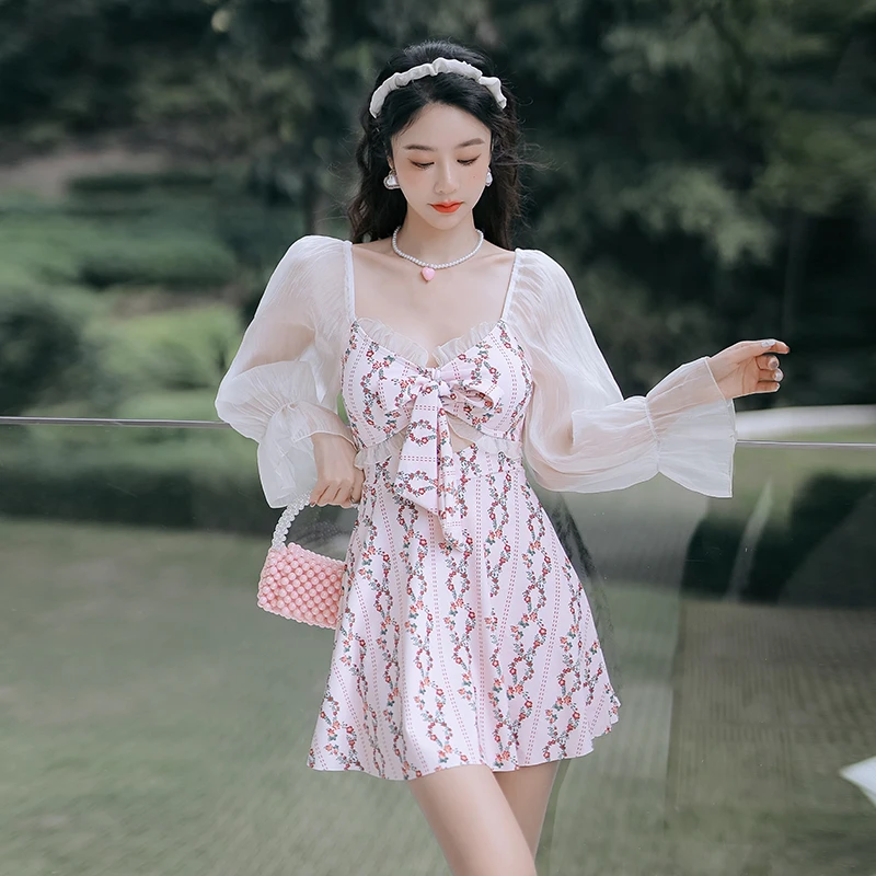 

Monokini Women V-Neck One Piece Fairy Skirt Sweet Transparent Long Sleeve Patchwork Bathing Jumpsuit Swimsuit Beachwear Swimwear