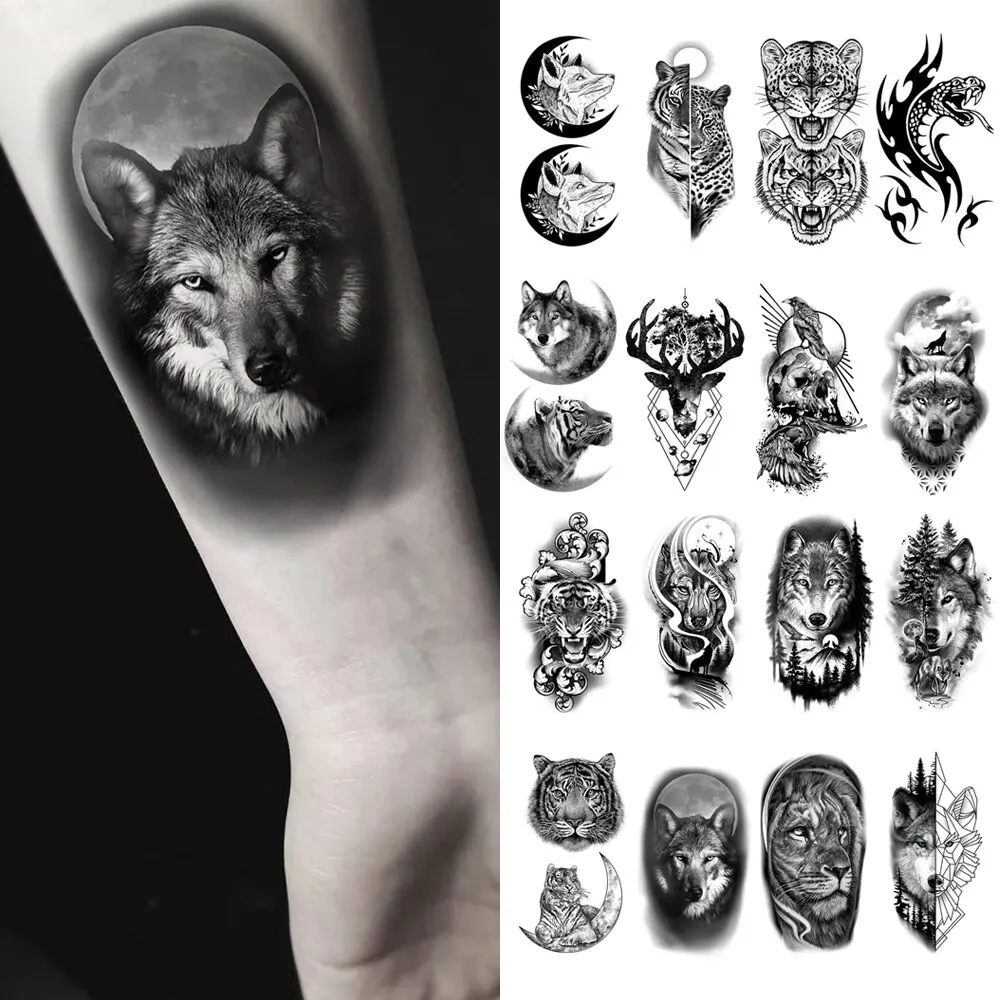 10pcs Waterproof Temporary Tattoo Sticker Dark Wolf Lion Tiger Eagle Snake Deer Skeleton Scorpion Body Art Arm Tattoo Women Men 3