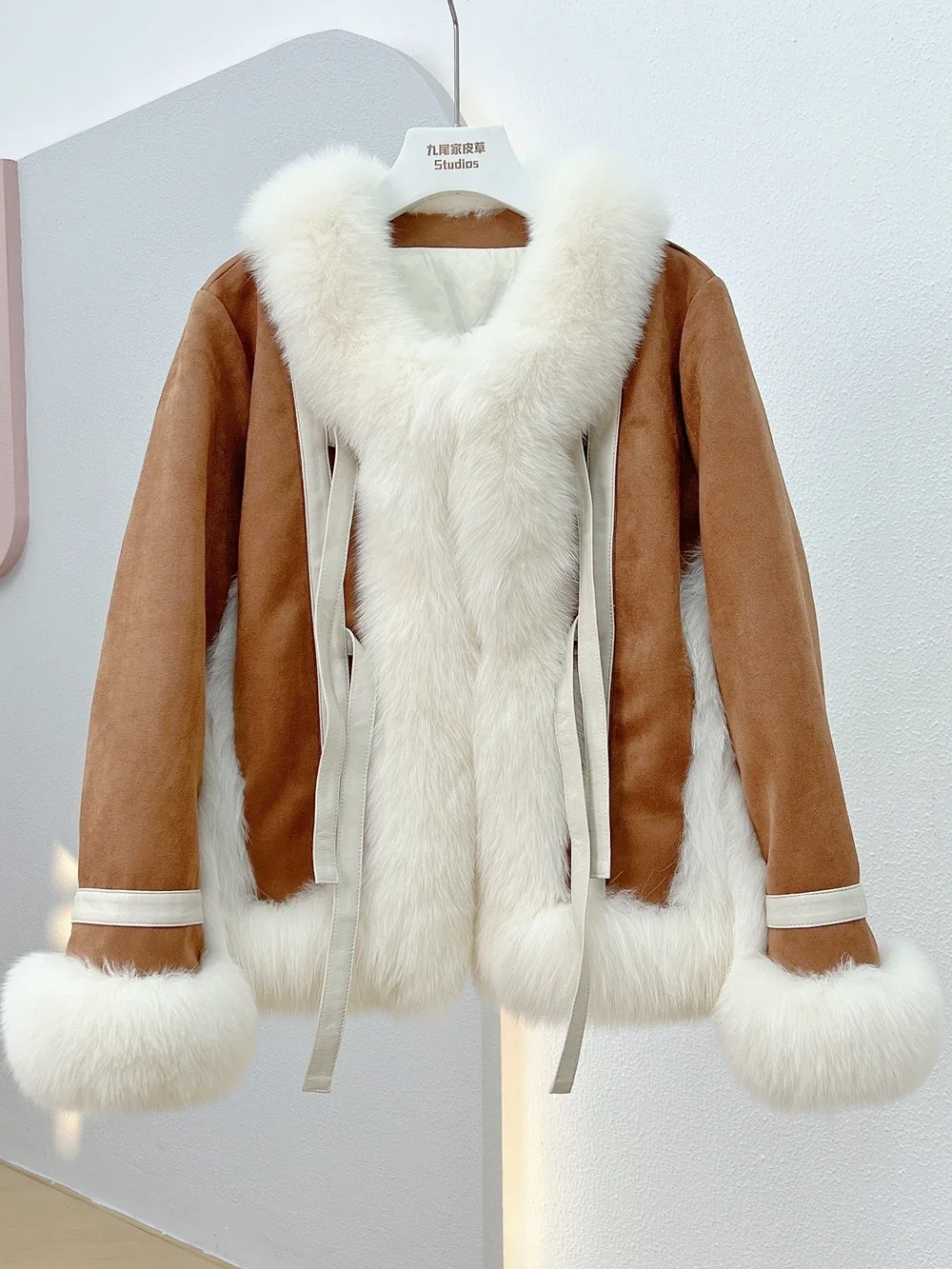 Winter Round Neck Suede Spliced Fox Fur Coat Women's Down Outerwear Fluffy Fur Collar Thick Warm Casual Long Sleeve Jacket 2023