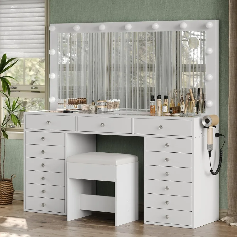55" W , Makeup Vanity with Charging Station, 15 Drawers with Lighted , 3 Lighting Modes, Brightness Adjustable, Makeup Vanities 2