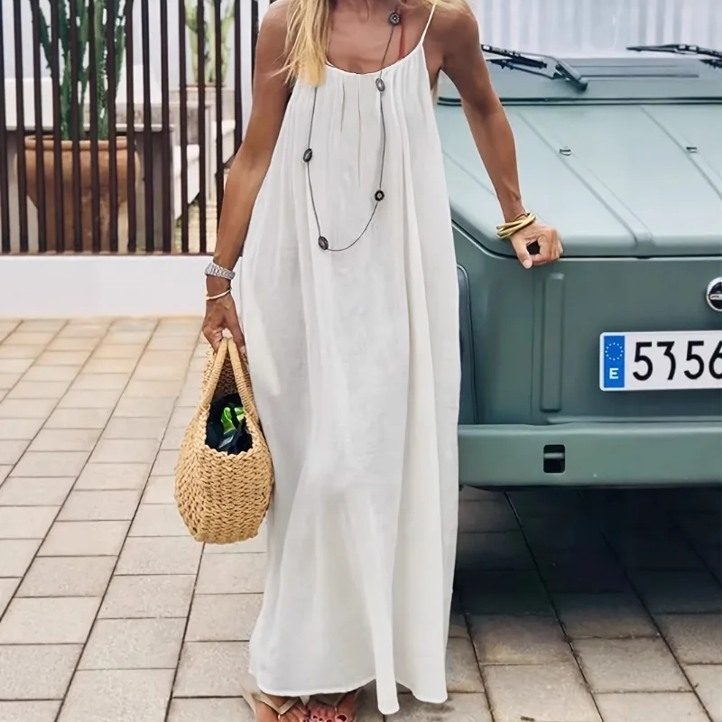 2026 Solid Color Vacation Cool Homewear Loose-Fit Spaghetti Strap Dress Women's Casual Homewear Summer Dress 1