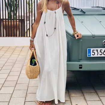 2026 Solid Color Vacation Cool Homewear Loose-Fit Spaghetti Strap Dress Women's Casual Homewear Summer Dress 1