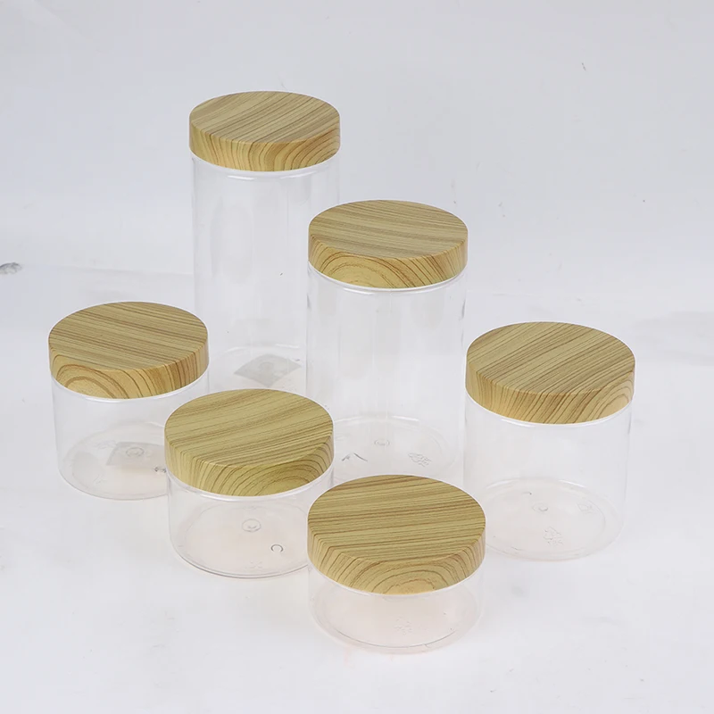 Empty Clear Jar Container With Plastic Imitation Wood Lid Plastic Storage Bottle plastic food containers