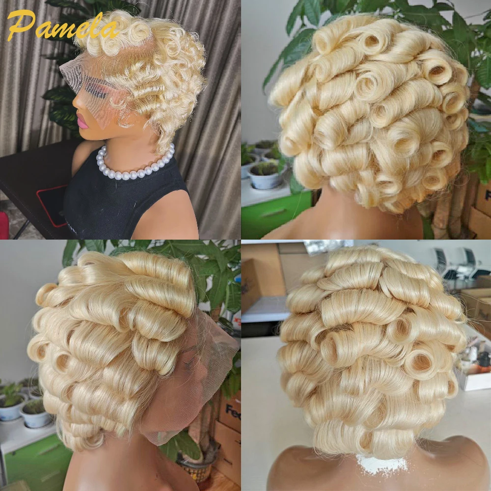 613 Blonde Short Bob Loose Wave Pre Plucked Bleached Knots Pixie Cut 13x4 Transparent Lace Front 100% Human Hair Wigs For Woman