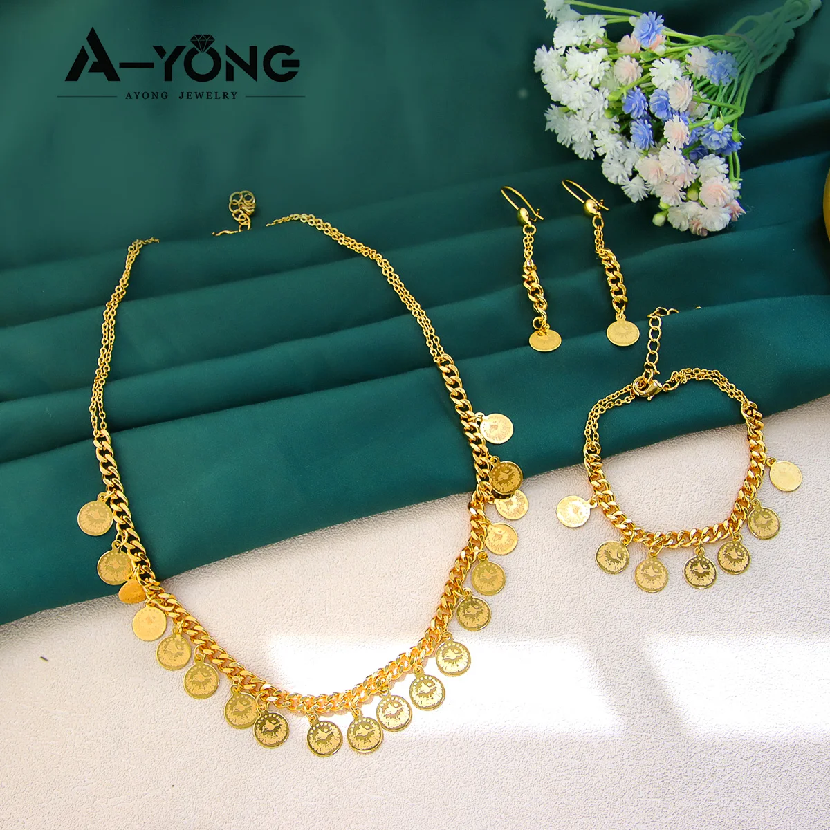 

Turkish Coin Jewelry Set 21k Gold Plated Dubai Bridal Wedding Necklace Bracelet Earrings Middle East Saudi Vintage Jewelrys