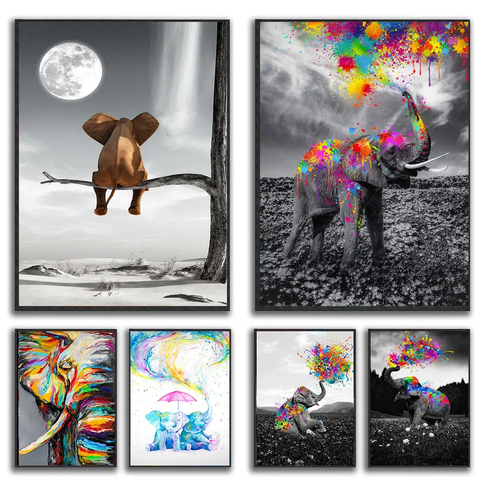 

Elephent And Moon Canvas Poster Abstract Animals Mural Art Painting Nordic Posters Print Wall Picture for Living Room Home Decor