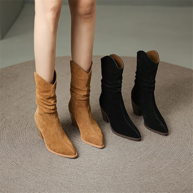 

Осень 2023, женские замшевые ботинки из коровьей кожи, женские зимние ботинки с острым носком, ботинки до середины икры, женские ботинки на высоком каблуке