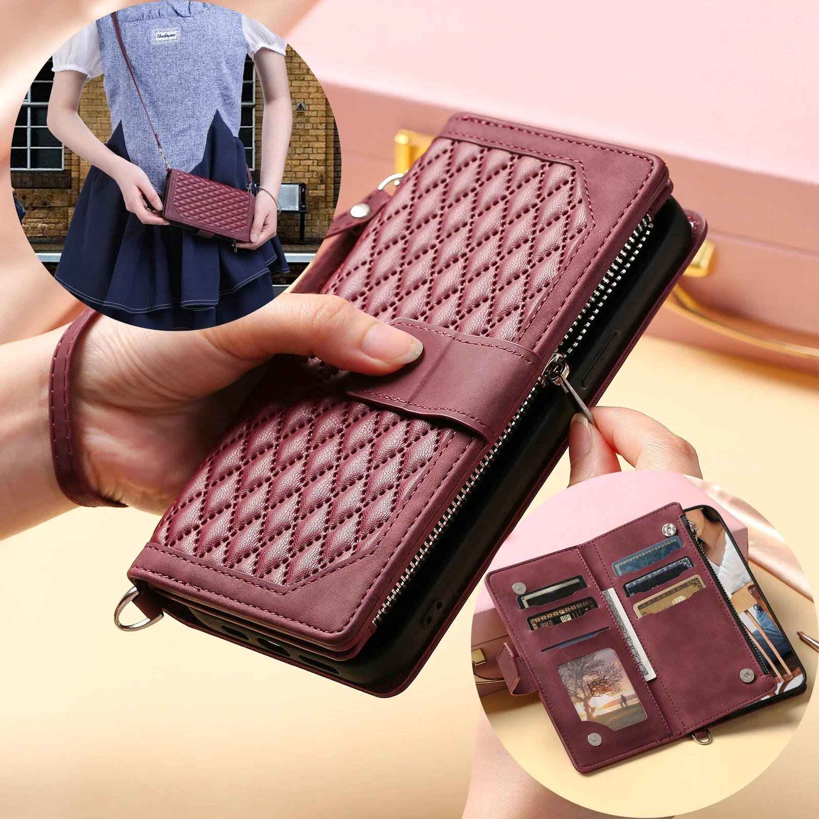 Leather Crossbody Flip Zipper Wallet Phone Case with Lanyard Cover