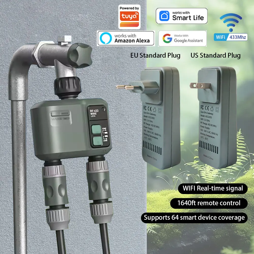 Tuya Wifi+RF433 2 Outlet Smart Garden Watering Timer Drip Irrigation Controller Rainfall Delay Programmable Works with tuya