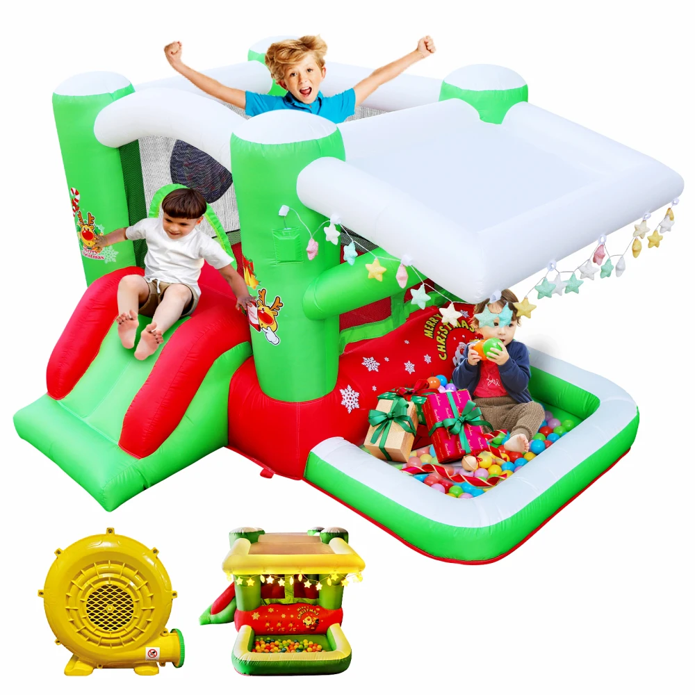Christmas Jump 'n Slide Inflatable Bouncer for Kids Complete Setup with Blower-80" x 91" Play Area-55" Tall