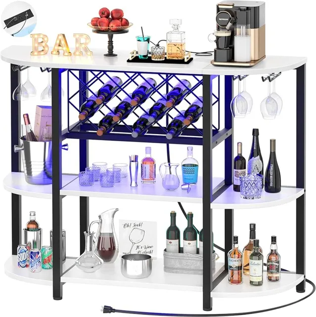 Bar Table Cabinet with Charging Station, Wine Rack Table with LED Light and Storage, for Home Kitchen Dining Room, White