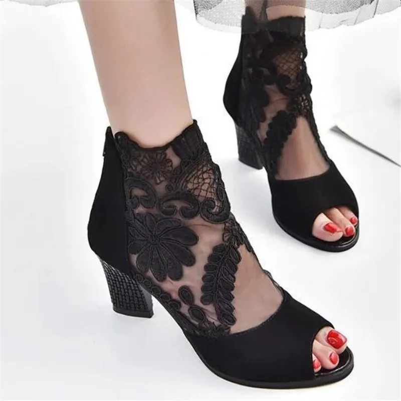 2023 Hot Fashion Thick Heel High Heels Summer New European and American Mesh Fish Mouth Large Fashion Sandals Women Shoes