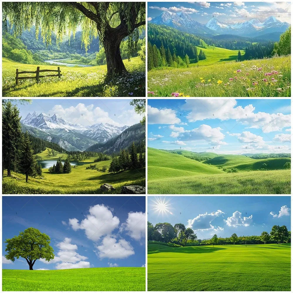 Partydekorationen zum Thema „Sunny Meadow“, Hintergrund, lebendige grüne Berglandschaft, Porträtfotografie, Studio-Requisiten, Bannerzubehör