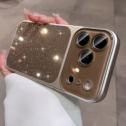 Bling Glitter Shockproof Armor Phone Case with Large Window Camera Protection - iPhone 15 (Pure Brown)