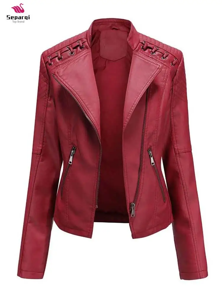 

SEPARQI Autumn Winter Pu Faux Women Leather Jackets Zipper Slim Motorcycle Biker Leather Coat Loose Female Outwear Tops