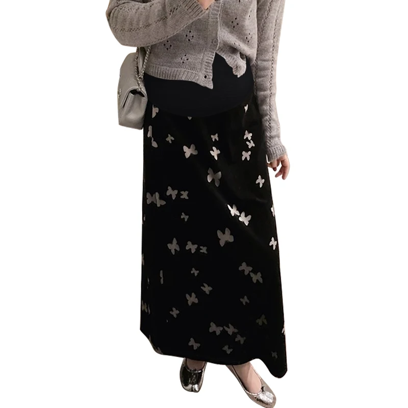 french style maternity autumn winter skirt vintage pregnant woman straight skirts with butterfly black pregnancy velour skirts