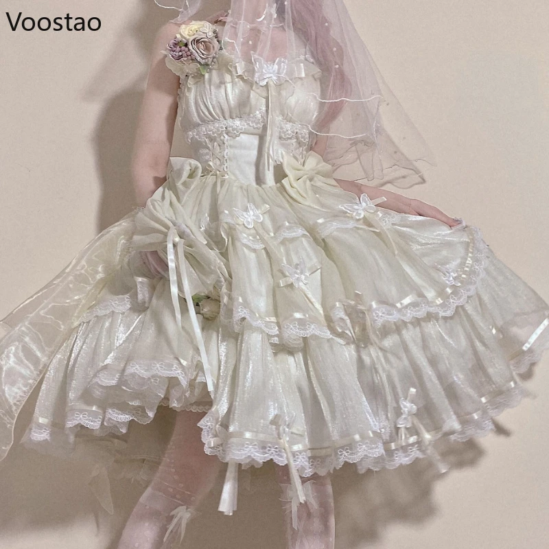 Sweet White Lolita Jsk Dress Victorian Retro Women Elegant Lace Butterfly Sleeveless Flower Wedding Party Dress Kawaii Vestidos
